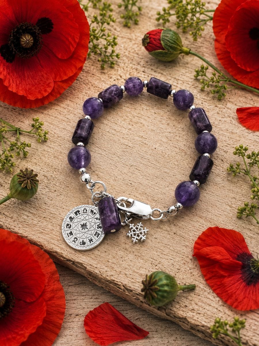 BRANSOLETKA Z FIOLETOWEGO AMETYSTU ZE ZNAKAMI ZODIAKU I ŚNIEŻYNKĄ